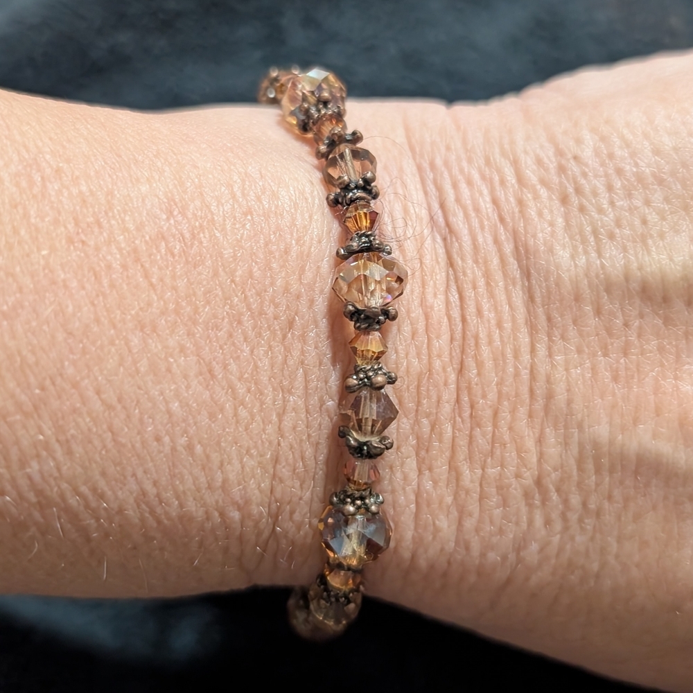 Amber Crystal Beaded Bracelet Bronze Tone Spacer Stack Stretch Boho Jewelry